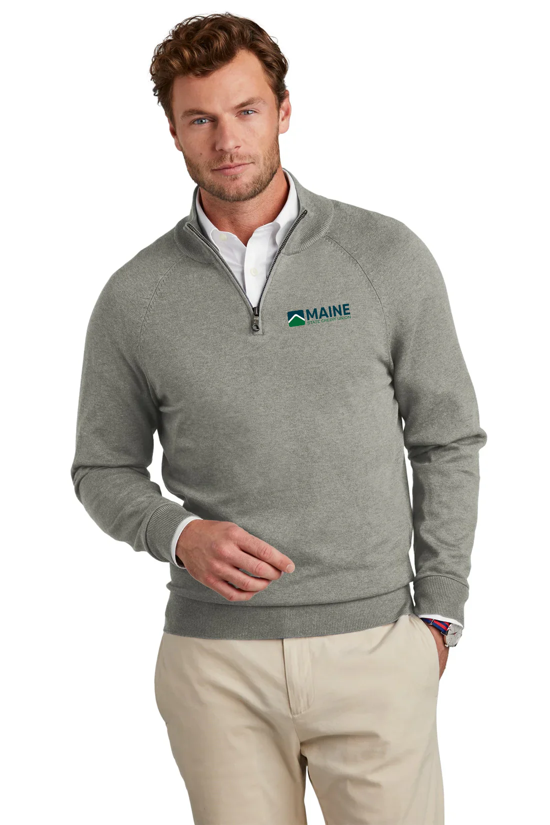 Brooks Brothers Cotton Stretch 1/4-Zip Sweater, Light Shadow Grey Heather [Maine State Credit Union]