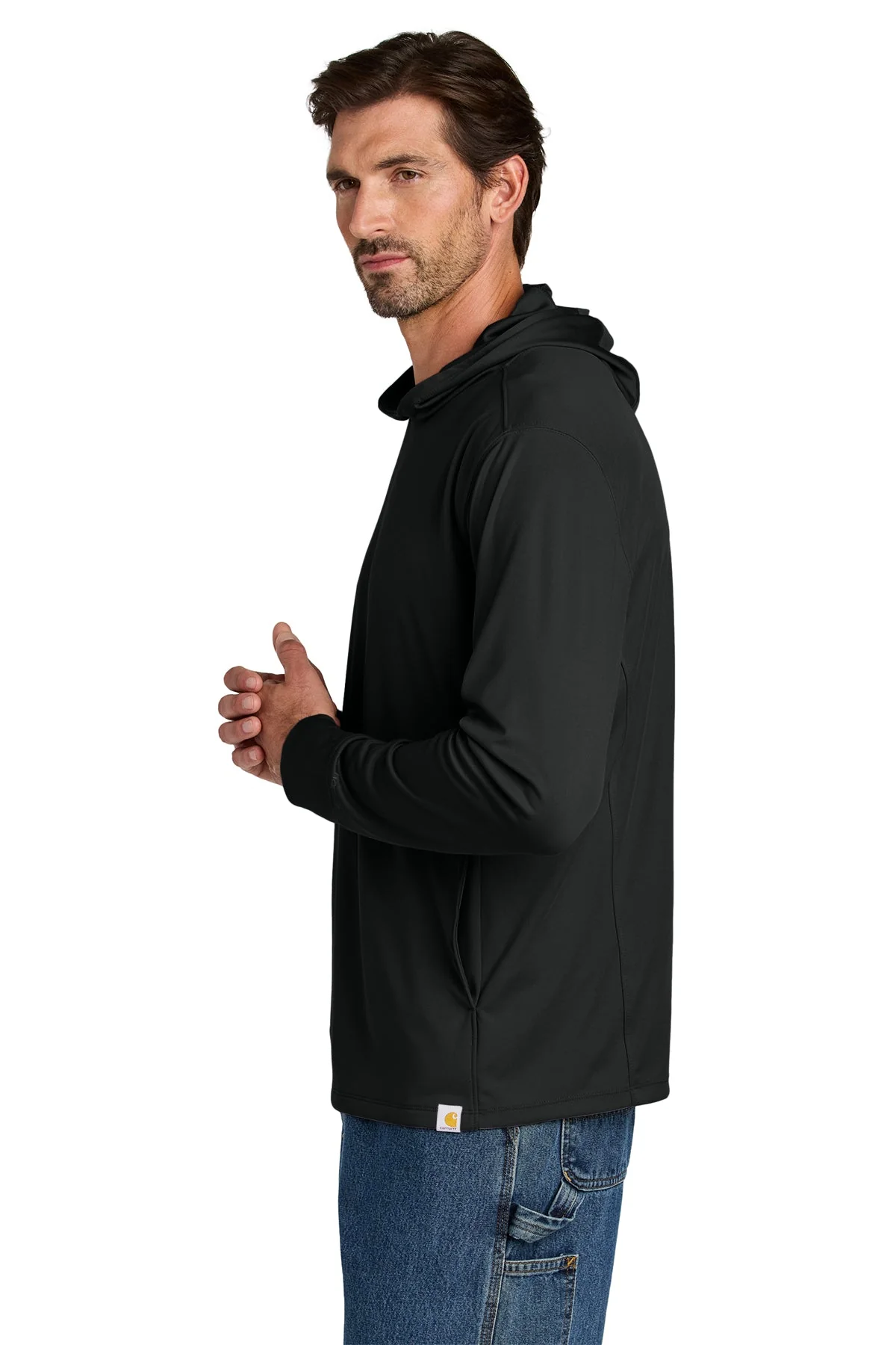 Carhartt Force Sun Defender Long Sleeve Hooded Custom T-Shirts, Black - Image 3