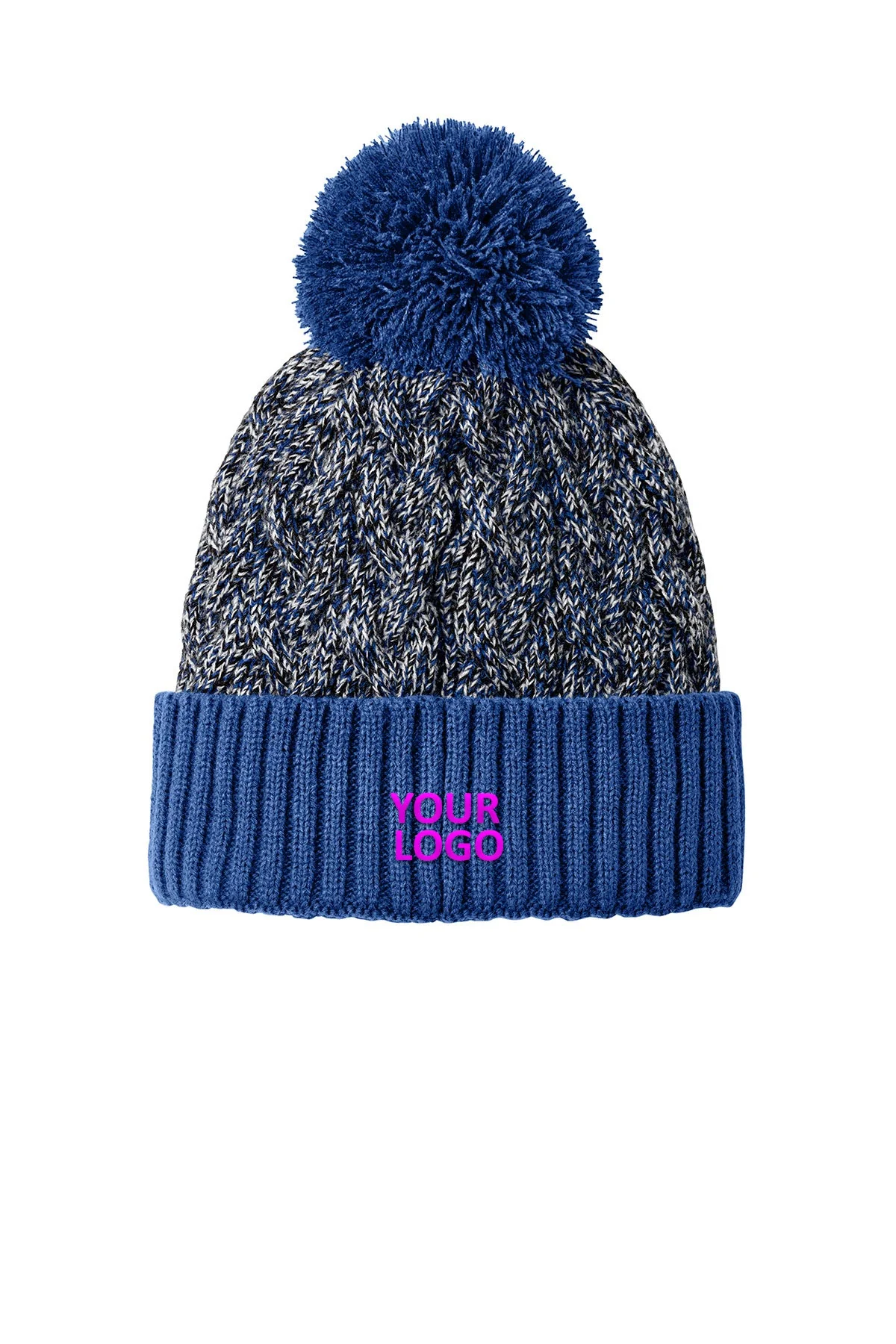 New Era Marled Knit Pom Custom Beanies, Royal/ Black/ White