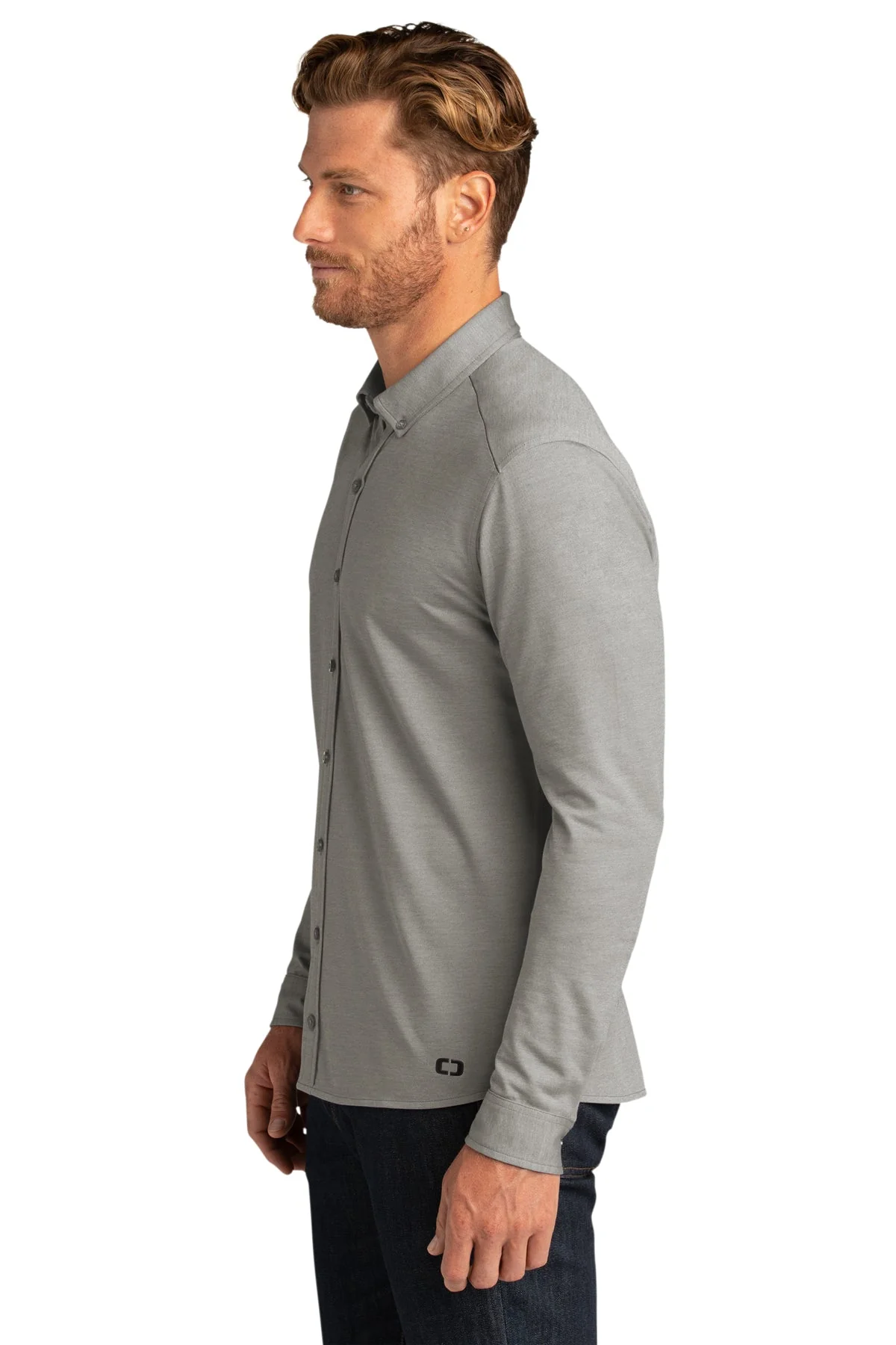 OGIO Code Stretch Long Sleeve Button-Up Tarmac Grey Heather - Image 3