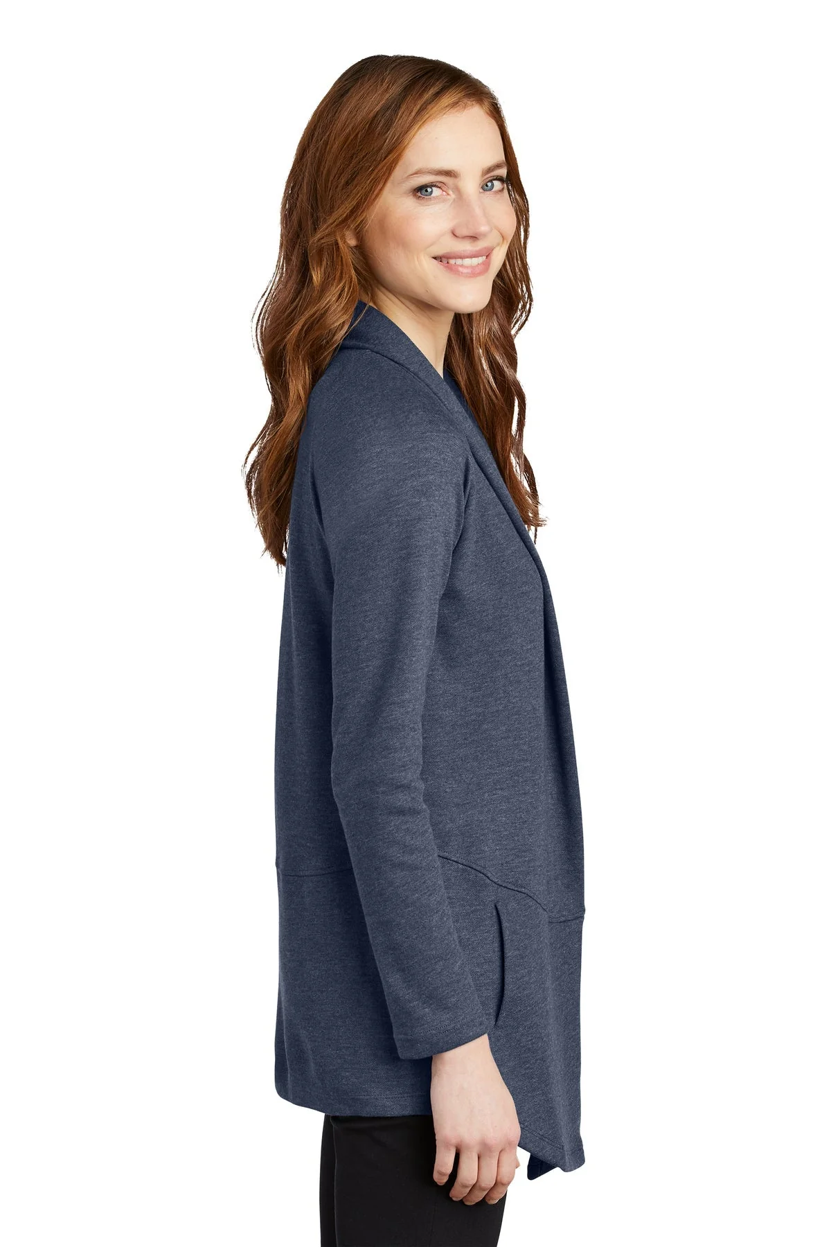 Port Authority Ladies Interlock Cardigan, Estate Blue Heather/ Charcoal Heather - ABS Logo [ASI] - Image 4