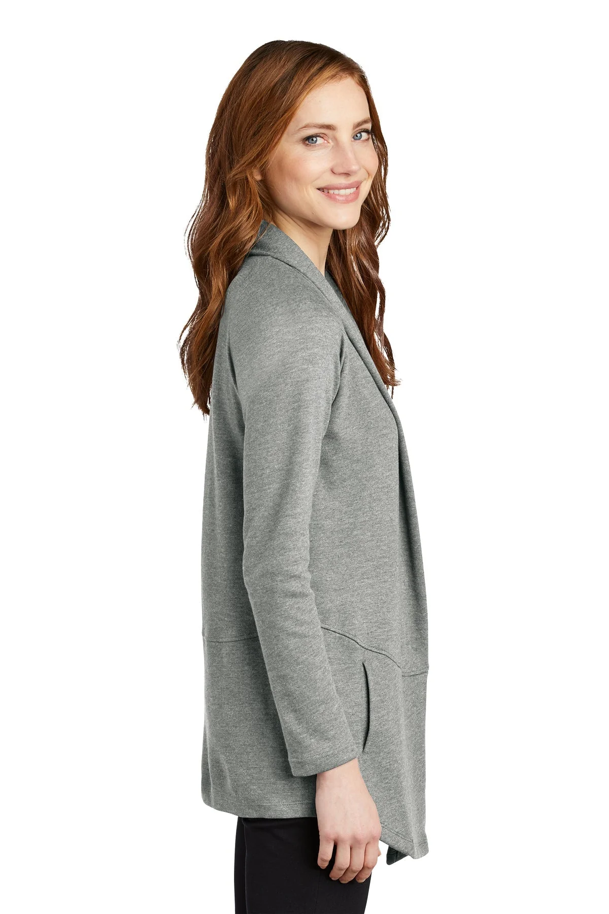 Port Authority Ladies Interlock Cardigan, Medium Heather Grey/ Charcoal Heather [Lake Erie Arms] - Image 3