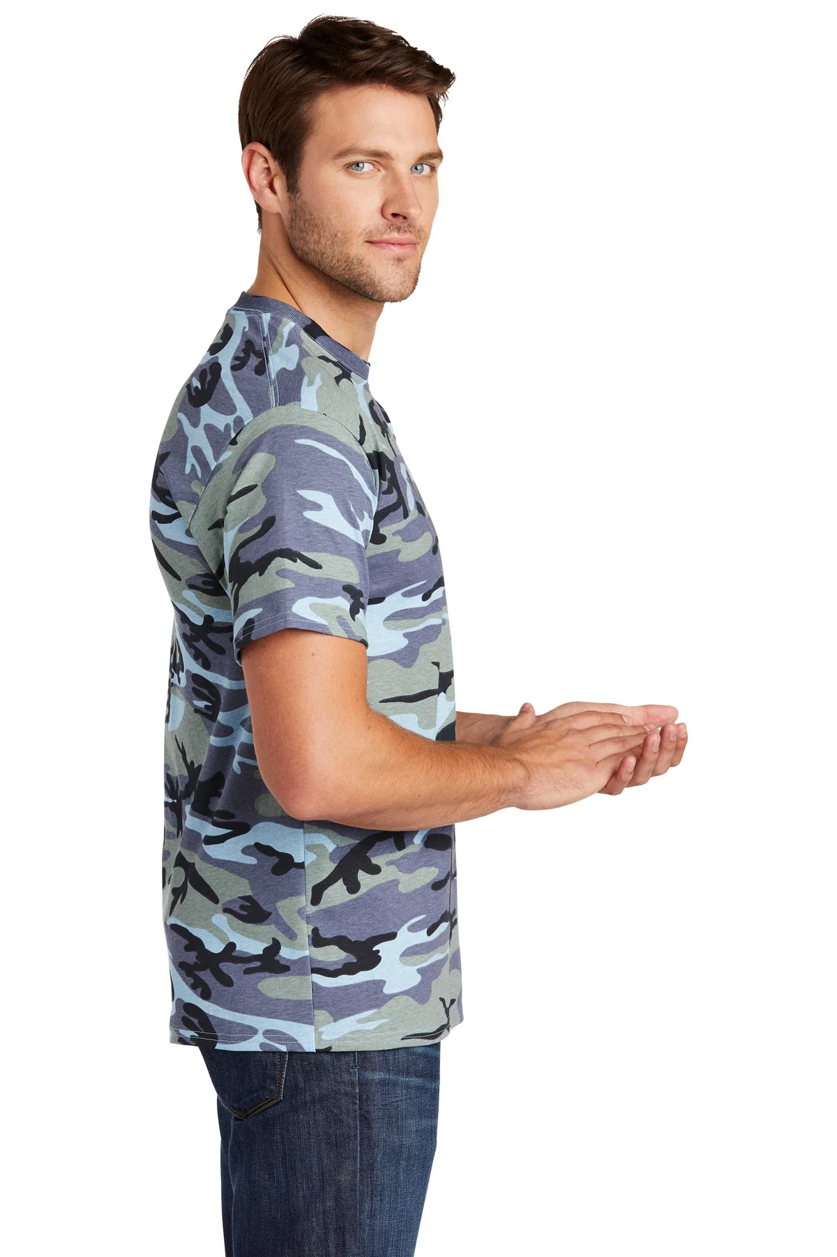Port & Company Core Cotton Branded Camo Tee's, Woodland Blue Camo - Image 3