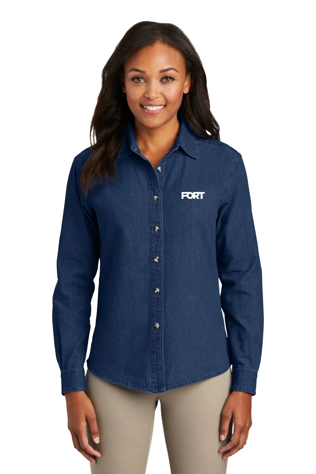 Port & Company Ladies Long Sleeve Shirt, Ink Blue [FORT Robotics]
