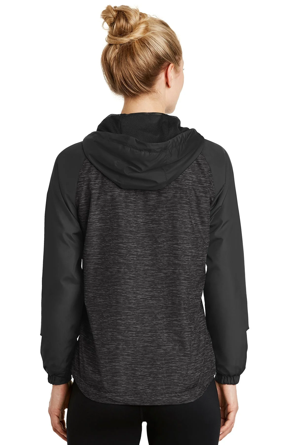 Sport-Tek Ladies Heather Colorblock Raglan Hooded Wind Jacket, Black Heather/ Black [Black Diamond Realty] - Image 2