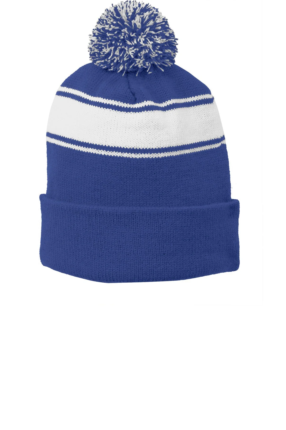 Sport-Tek Stripe Customized Pom Pom Beanies, True Royal/ White - Image 2