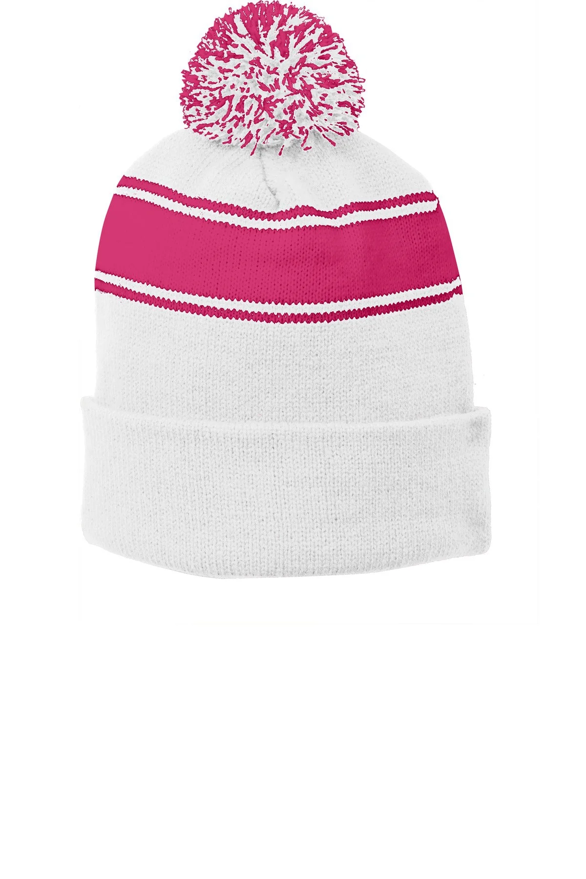 Sport-Tek Stripe Customized Pom Pom Beanies, White/ Pink Raspberry - Image 2